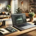 A sunlit home office desk with a laptop showing an analytics dashboard and digital prompts, ideal for ai-prompts schrijven and website groei.