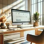 A modern office desk with a computer showing a website analytics dashboard, suggesting tips for AI-readiness and site optimization.