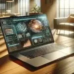 A sunlit modern office desk with a laptop displaying B2B marketing analytics and AI-powered data visuals for website optimization.