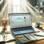 A sunlit modern home office desk displays an open laptop with website analytics, AI chatbot icon, marketing plans, and coffee for AI-prompts writing.