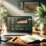 A modern workspace with a laptop displaying an AI-driven content calendar, analytics charts, and strategy notes, emphasizing content planning for online growth.