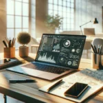 A sunlit modern office desk displays a laptop with analytics, AI tools on a tablet, and notes, illustrating online growth with AI.
