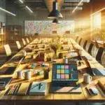 A sunlit modern office workspace with laptops, notebooks, and colorful sticky notes on a large table, symbolizing teamalignment for website growth.