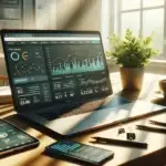 Modern desktop workspace with a laptop showing website analytics and growth charts, a smartphone with productivity tool icons, and a green plant symbolizing a healthy AI relationship for business growth.