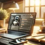 A modern laptop on a wooden desk shows a website dashboard with active AI chatbot chat bubbles, highlighting ChatGPT use for online growth in a sunlit office.
