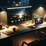 A warm-lit modern workspace at night shows a desktop with dark mode and a laptop with light mode, illustrating website dark mode implementation.