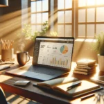 A sunlit modern workspace displays an open laptop with SEO analytics and website growth graphs, surrounded by notebooks, coffee, and green plants.