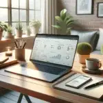 A modern home office desk with a laptop showing marketing analytics and digital growth symbols, emphasizing organized AI in marketing.
