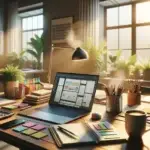 A sunlit modern office desk displays an open laptop with content planning charts, notepad with ideas, colorful sticky notes, and coffee mug, illustrating a slimme aanpak for sterke contentstrategie.