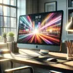 A sleek desktop computer in a minimalist office displays a vibrant website loading instantly, emphasizing speed and smooth user experience.
