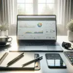 A modern home office desk with a laptop showing colorful website analytics and data dashboards, surrounded by smart devices and coffee, lit by natural daylight.