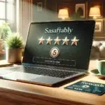 A modern laptop on a wooden desk displays a five-star review and digital loyalty card, highlighting positive website reviews and rewards in a cozy office setting.