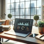 A modern workspace with an open laptop showing analytics on a sleek desk, sunlight and city view highlighting SEO strategy for online groei.