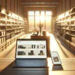 A cozy, modern retail store interior with neatly arranged shelves and a webshop displayed on a laptop and smartphone on a wooden table.