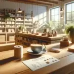 A cozy modern boutique store counter displays a loyalty card, a five-star review receipt, and coffee, highlighting customer loyalty.