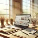A modern home office with a laptop displaying an AI-driven e-commerce site, surrounded by a smartphone, notepad, and plants, illustrating agentic shopping technology.
