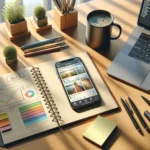 Overhead view of a bright workspace with a smartphone open to Instagram, a notepad, coffee, laptop with analytics, and plants, illustrating Instagram SEO strategies.