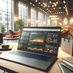 A sleek laptop on a modern office desk displays retail SEO analytics and shopping trends, surrounded by shopping bags and product boxes.