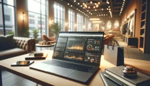 A sleek laptop on a modern office desk displays retail SEO analytics and shopping trends, surrounded by shopping bags and product boxes.