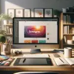 Modern home office workspace with a computer displaying creative AI-afbeeldingen for website design, surrounded by art supplies and warm sunlight.