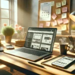 A modern online shop workspace with a laptop showing a webshop dashboard, smartphone, and web development tools for AI-driven shopping.