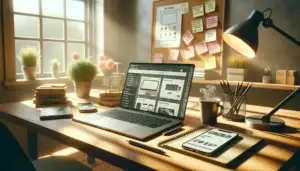 A modern online shop workspace with a laptop showing a webshop dashboard, smartphone, and web development tools for AI-driven shopping.