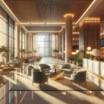 A modern hotel lobby with a welcoming reception desk, plush seating, digital screens showing promotions, and warm afternoon sunlight, illustrating hotel marketing trends for 2026.