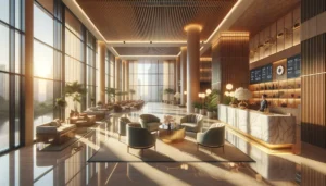 A modern hotel lobby with a welcoming reception desk, plush seating, digital screens showing promotions, and warm afternoon sunlight, illustrating hotel marketing trends for 2026.