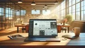 A modern office desk with a laptop displaying split screens of intuitive UX design and SEO analytics, illustrating how usability connects with findability.