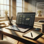 A modern workspace with a laptop displaying both UX wireframe and SEO analytics, highlighting tools for online growth and results.