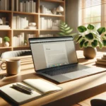 A modern workspace with a laptop showing a clean website, a notepad of content ideas, coffee, and warm sunlight reflects content creation in the AI era.