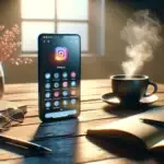 A modern smartphone displaying an Instagram post sits on a bright home office desk beside a notebook and coffee cup, symbolizing Instagram SEO and discoverability.