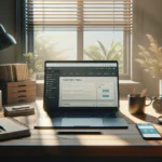 A bright home office workspace features a WordPress dashboard on a laptop, automation tools on a smartphone, and neatly arranged entrepreneur essentials.