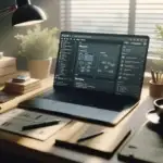 A bright home office with a laptop displaying WordPress automation workflow plugins, workflow diagrams, coffee, and greenery on a wooden desk.