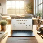 A bright modern workspace shows a laptop on a wooden desk displaying a website with positive klantreviews and review stars.