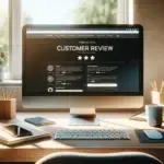 A bright home office desk displays a computer screen with a customer review section, showing tips for collecting more website reviews.