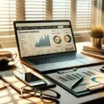 A bright Dutch office desk displays insurance documents, a laptop with SEO analytics, and coffee, illustrating SEO in the insurance sector.