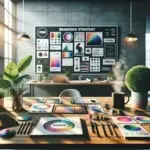 A modern workspace with a branding mood board, colorful swatches, and logo sketches arranged on a desk beside a green plant and coffee, symbolizing how to build a strong brand that connects and grows customers.