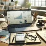 A sunlit modern office desk features an open laptop with an analytics dashboard, business documents with SEO keywords, and digital devices, visually representing choosing an SEO partner for entrepreneurs and marketers.