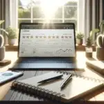 A modern laptop on a sunlit desk displays five-star online reviews and user comments, with a smartphone showing analytics charts and a notepad nearby, visually representing AI and web reputation optimization for SEO and customers.