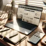 A modern home office workspace with an open laptop showing the WordPress dashboard, automation apps on a smartphone, and organized desk items in natural morning light, illustrating time and cost savings through WordPress automatiseren for entrepreneurs.
