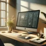 A modern home office desk with a computer showing the WordPress dashboard and automation plugins, representing simple automation.