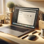 A modern wooden desk with a laptop showing the WordPress dashboard and automation plugins, surrounded by organized office items and morning sunlight, illustrating efficient workflows and time-saving automation in WordPress.