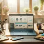 A modern workspace with a laptop open to a WordPress dashboard showing automation tools, surrounded by business and marketing items, bathed in warm natural light.