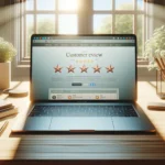 A sunlit home office features a modern laptop on a wooden desk displaying a five-star customer review section for website klantreviews.