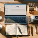 flat-lay of laptop with minimal writing screen, notebook and pen on wooden desk, suggesting ai blogposts schrijven zonder robotgevoel tool choice