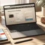 Laptop with WooCommerce checkout showing Przelewy24 payment option beside smartphone confirmation, Polish flag pin and bank card on desk