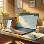 laptop and phone showing webshop pages beside a 7-step seo checklist, analytics tablet, package box and magnifying glass in home office 2025