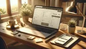 modern home office desk with laptop and phone showing ecommerce checkout and a/b test mockups, plus notepad with 7 checkmarks for webshop conversie verhogen quick wins