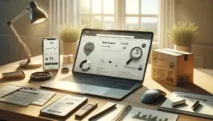 modern scandinavian workspace with laptop and phone showing ecommerce pages, shipping box and seo icons, suggesting ecommerce seo 2025 improvements for more orders